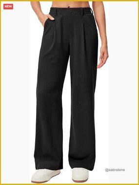 Wide Leg Stretchy Work Pants with Pleated Front and Elastic Waist
